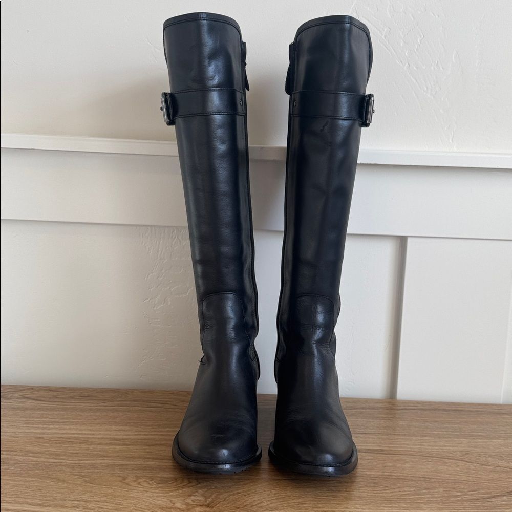 COLE HAAN Black Leather Knee-High Riding Boots Sleek Minimalist Casual Size 5.5 - Picture 2 of 12